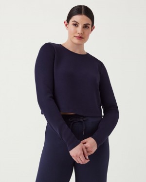 Hauts Spanx AirEssentials Cropped Long Sleeve Femme Bleu Marine France | OMKB97042