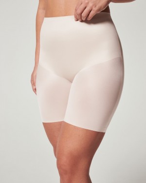 Short Spanx Shaping Satin Mid-thigh Femme Beige France | FIJT62381