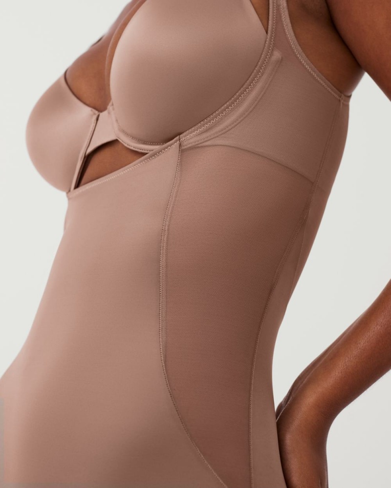 Body Spanx Shaping Satin Mesh Open-Bust Mid-Thigh Femme Cafe Au Lait France | CJRH74612