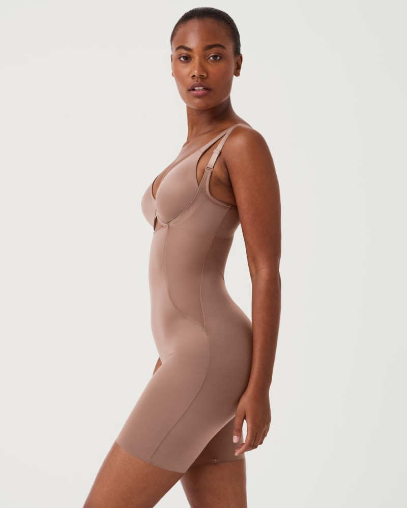 Body Spanx Shaping Satin Mesh Open-Bust Mid-Thigh Femme Cafe Au Lait France | CJRH74612