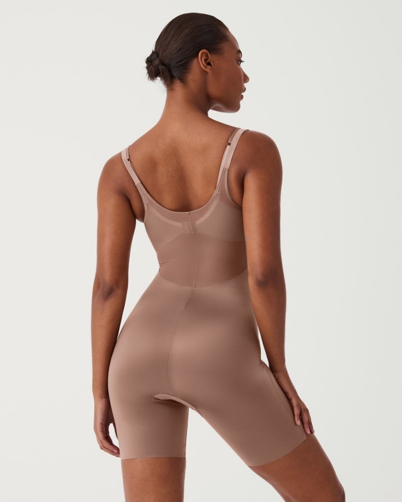 Body Spanx Shaping Satin Mesh Open-Bust Mid-Thigh Femme Cafe Au Lait France | CJRH74612