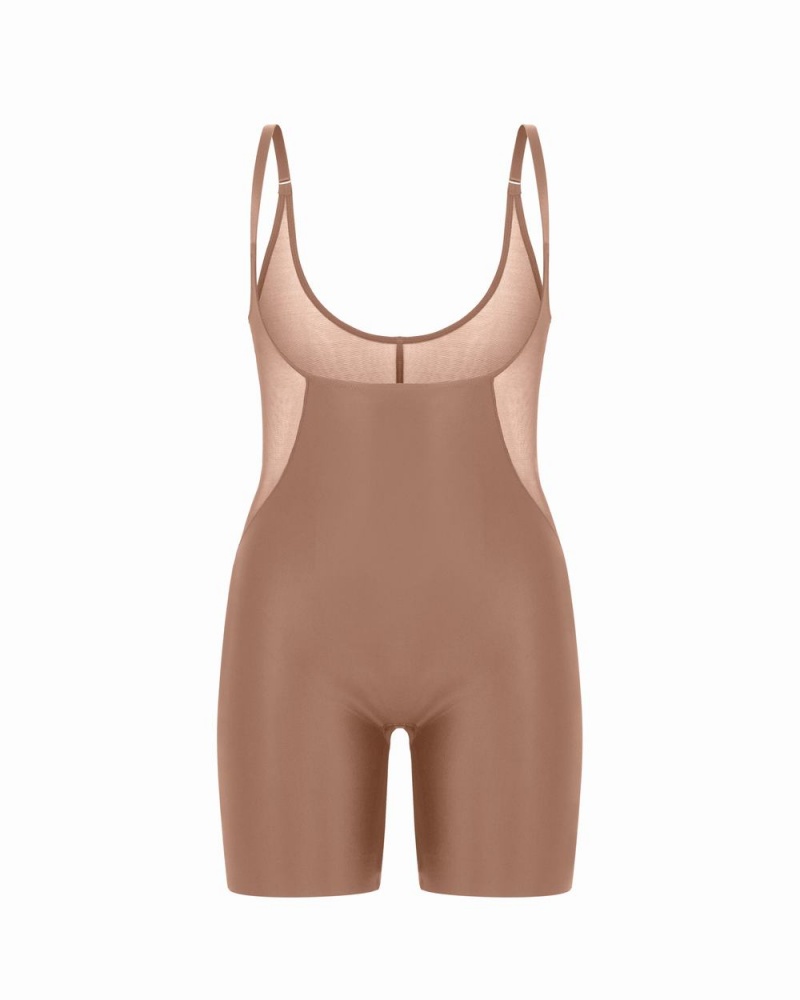 Body Spanx Shaping Satin Mesh Open-Bust Mid-Thigh Femme Cafe Au Lait France | CJRH74612