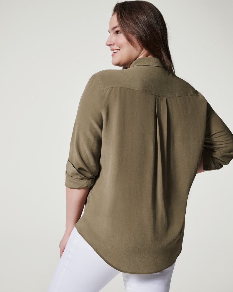 Hauts Spanx Low Maintenance Silk Button Down Femme Vert Olive France | ITOS72358