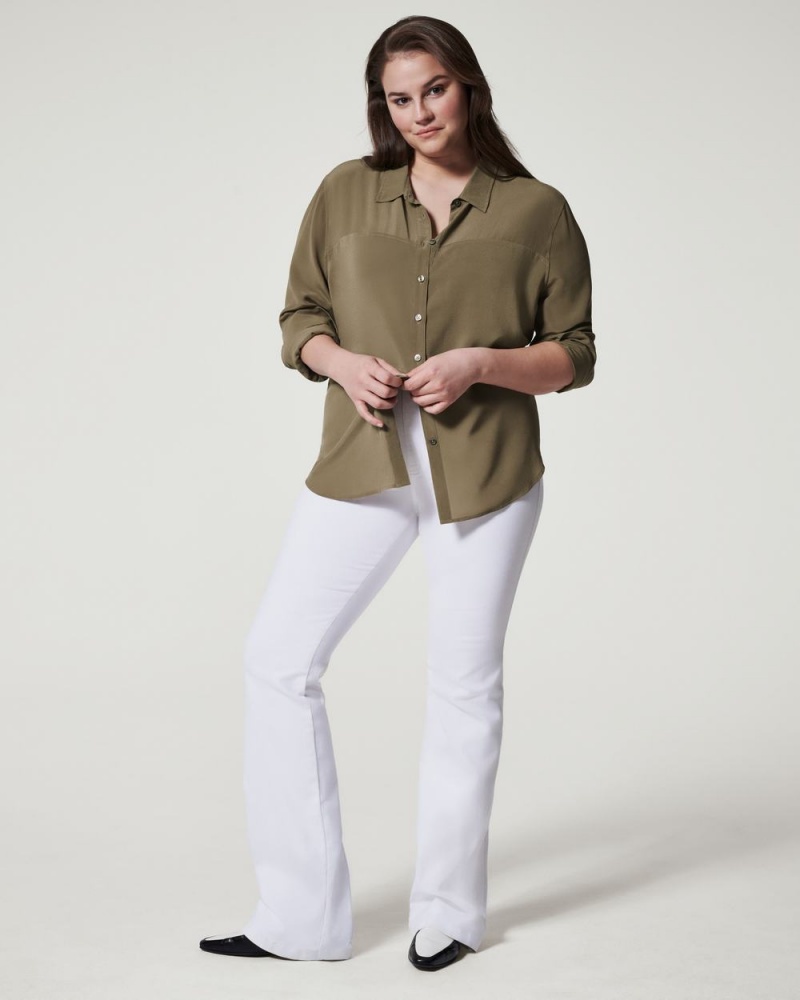 Hauts Spanx Low Maintenance Silk Button Down Femme Vert Olive France | ITOS72358