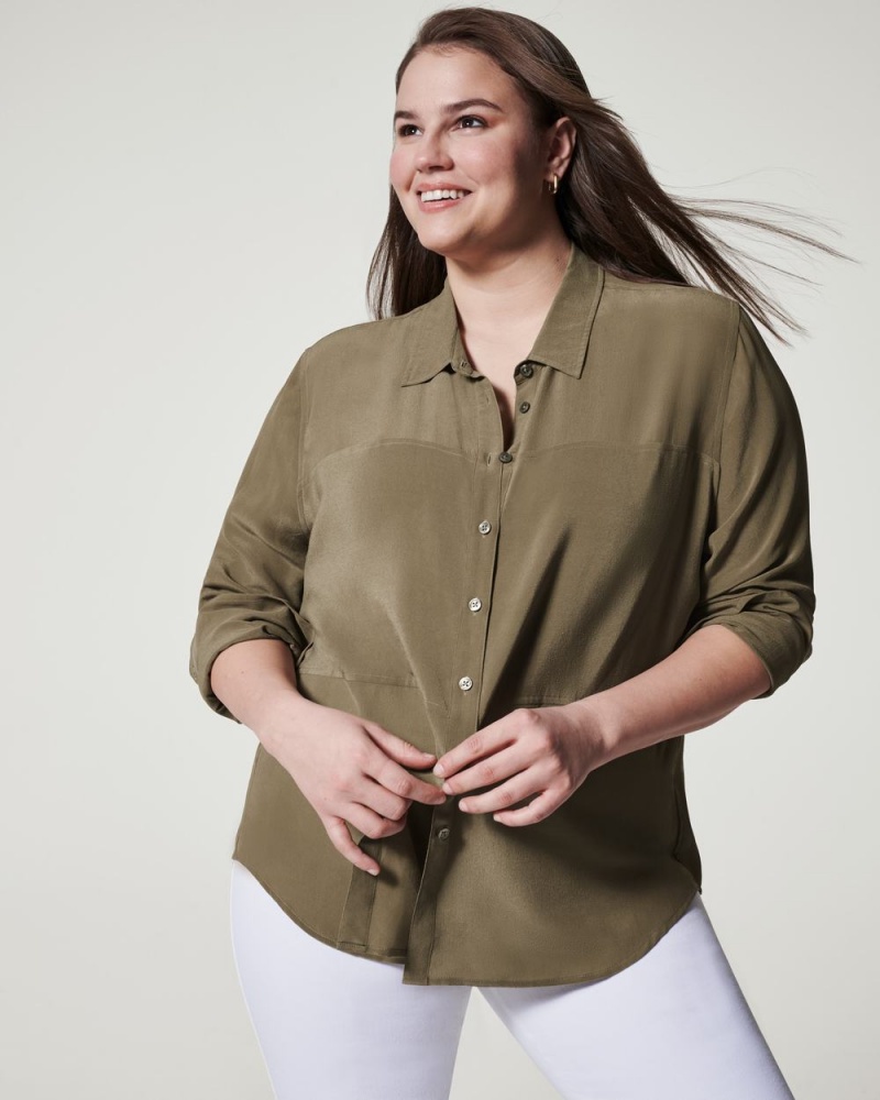 Hauts Spanx Low Maintenance Silk Button Down Femme Vert Olive France | ITOS72358