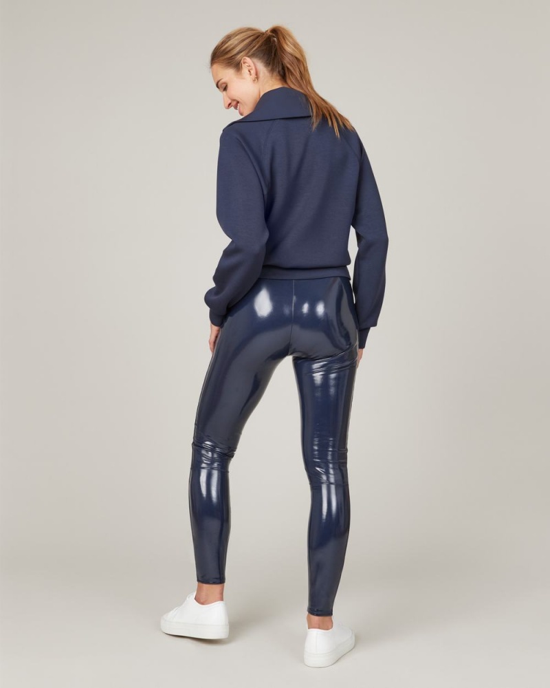 Leggings Spanx Faux Vernis Cuir Femme Bleu Marine France | YWVU82945