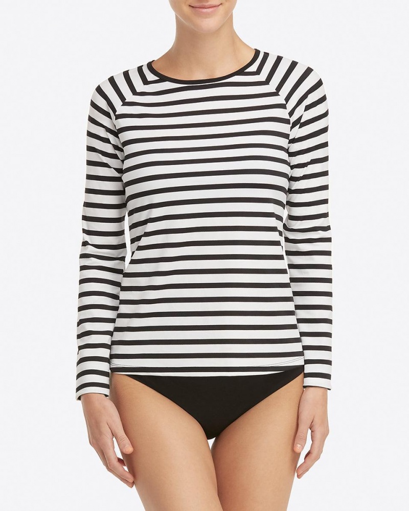 Maillot de Bain Spanx Long Sleeve Swim Shirt Femme Noir Blanche Stripes France | GVBP10458