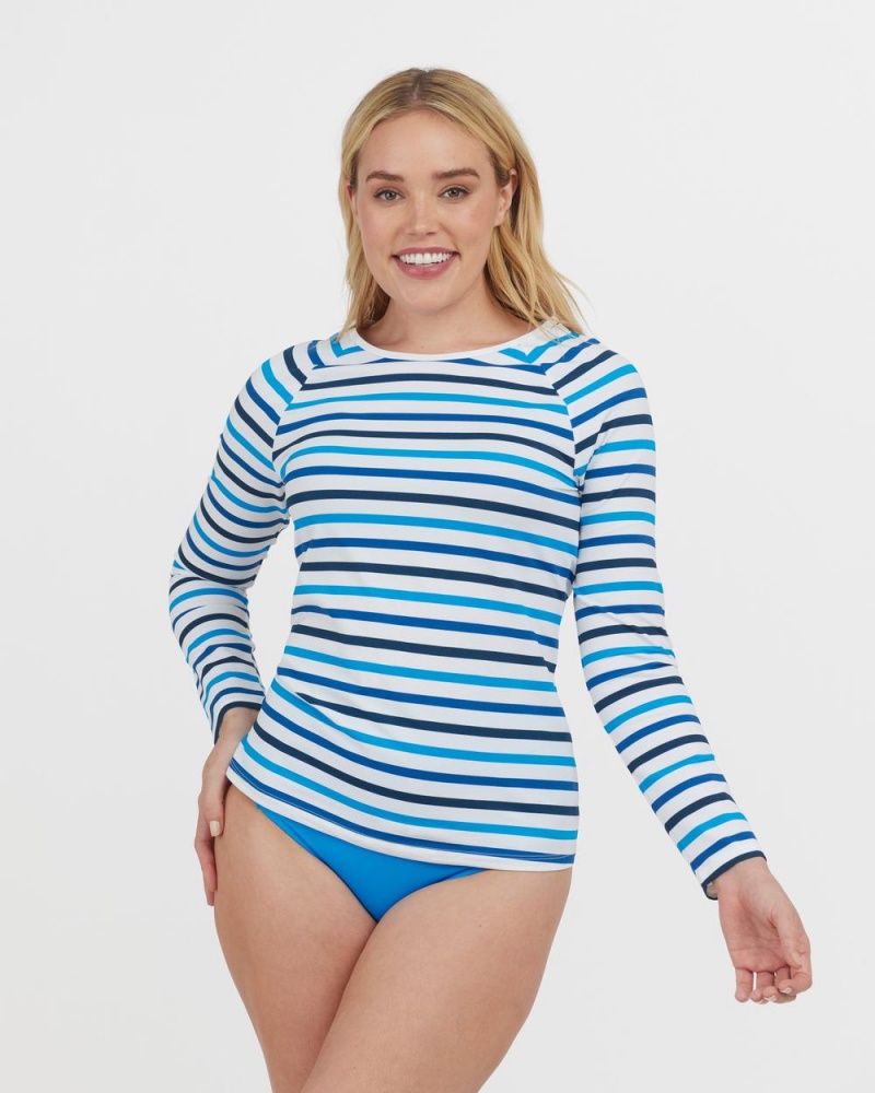 Maillot de Bain Spanx Long Sleeve Swim Shirt Femme Stripes Bleu France | OPKB86739