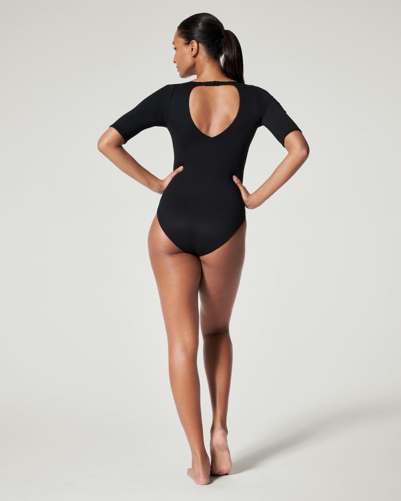 Maillot de Bain Spanx Pique Shaping Plunge Corta Sleeve One Piece Femme Noir France | MDBR50763