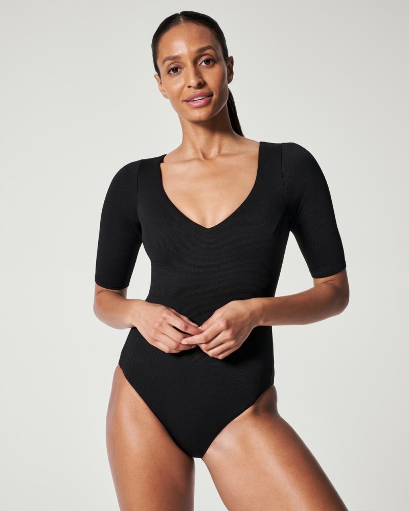 Maillot de Bain Spanx Pique Shaping Plunge Corta Sleeve One Piece Femme Noir France | MDBR50763